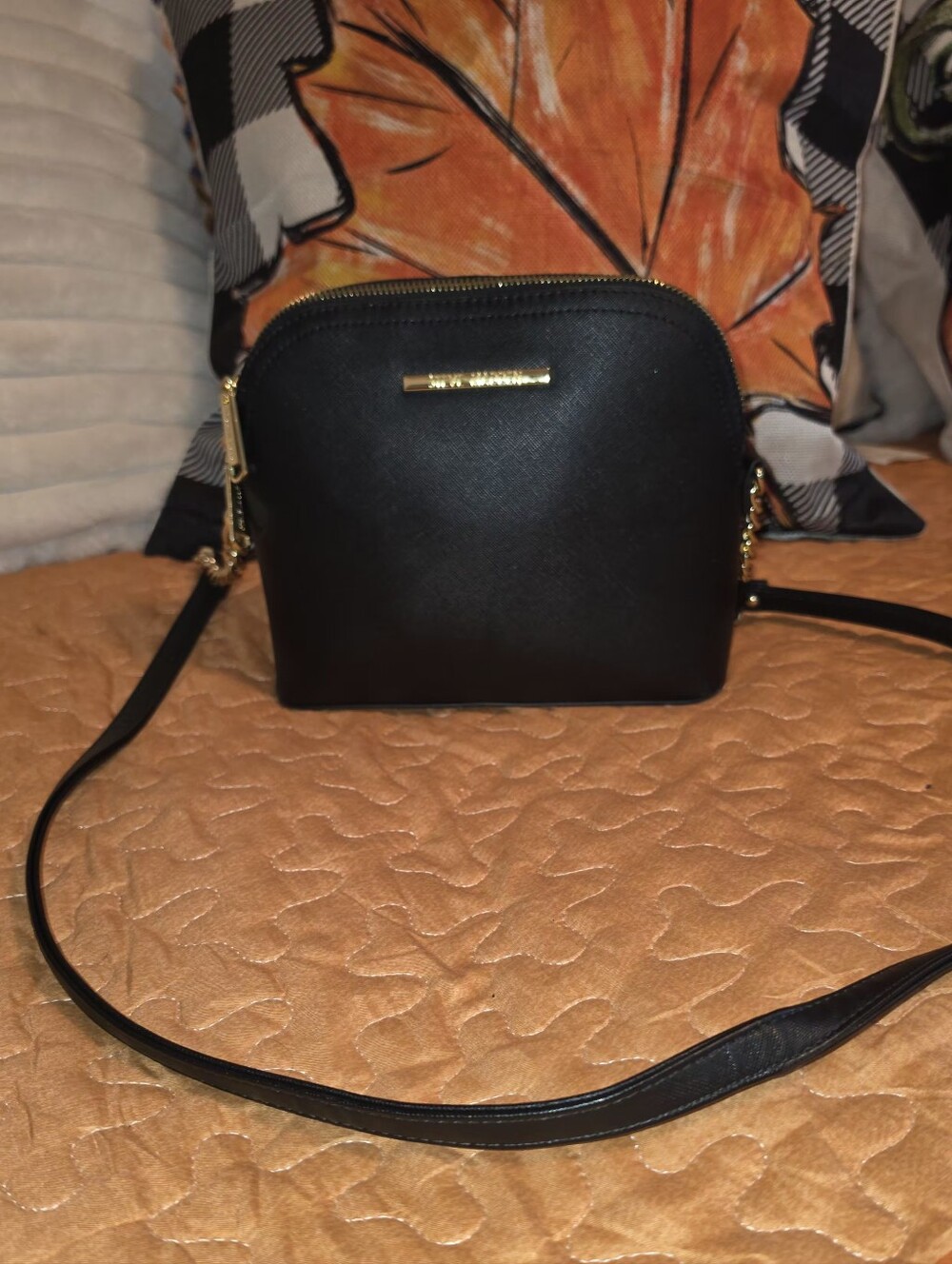 Black Crossbody Bag with Gold Accents - Women